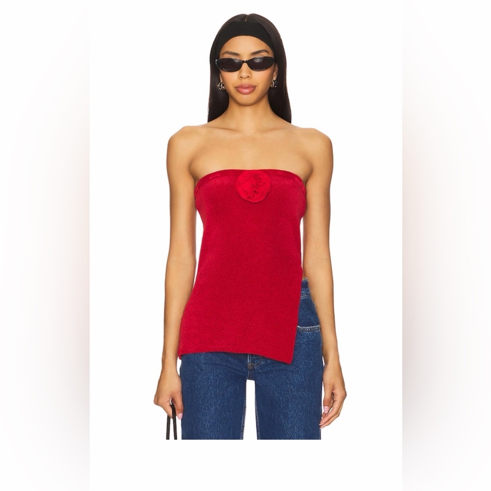 With Jean Red Strapless Knit Tube Top with Rosette